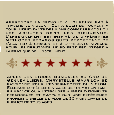 


Apprendre la musique ? Pourquoi pas à travers le violon ! Cet atelier est ouvert à tous : les enfants dès 5 ans comme les ados ou les adultes sont les bienvenus. L’enseignement est inspiré de différentes méthodes pédagogiques permettant de s’adapter à chacun et à différents niveaux.  Pour les débutants, le solfège est intégré à la pratique de l’instrument. 

￼

￼